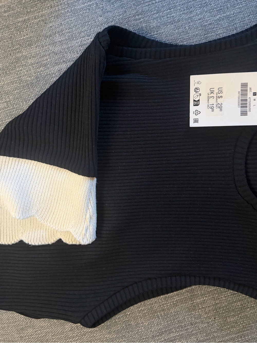 Zara Black Ribbed Knit Top with Cream Side Panel